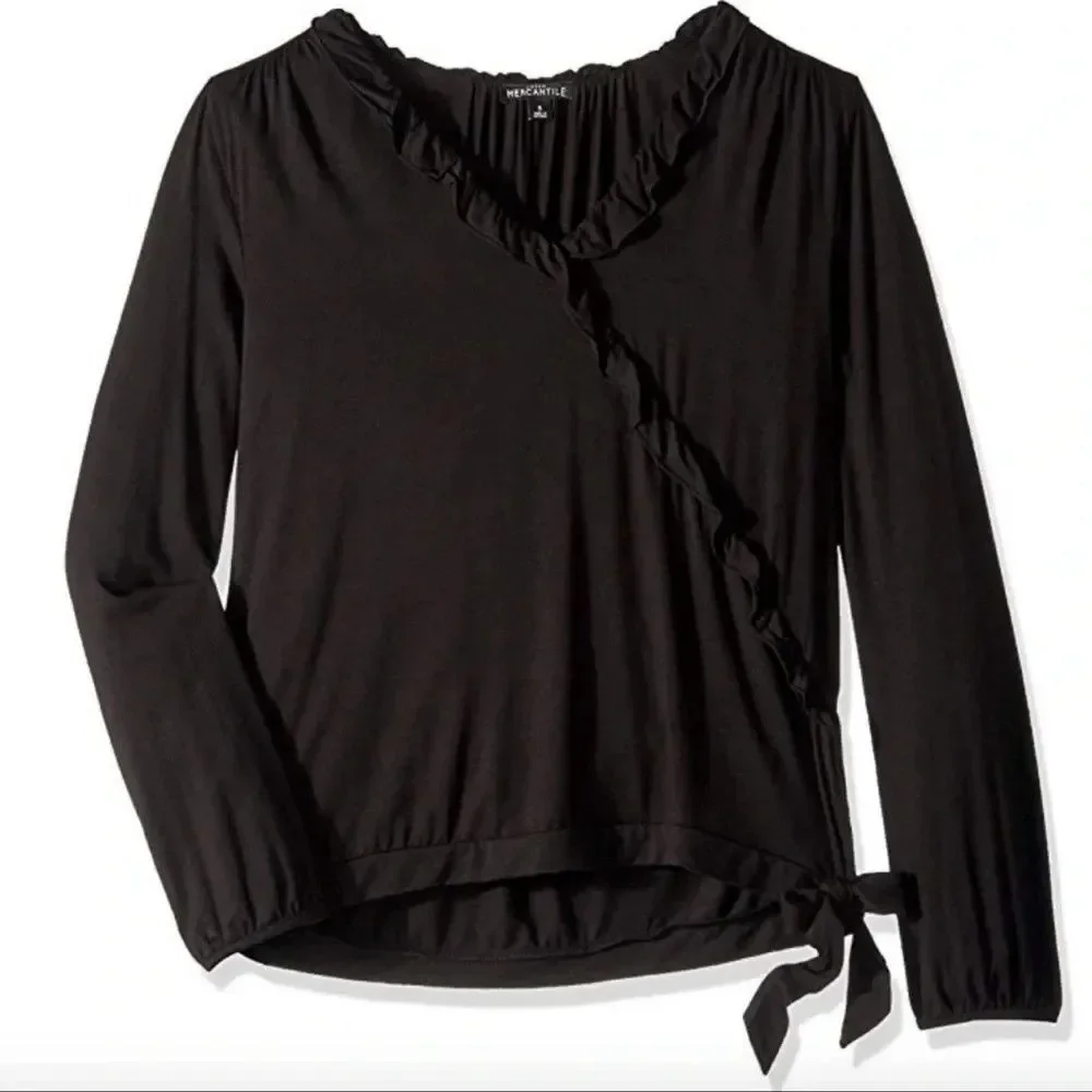 J Crew Mercantile women Black Ruffle Neck Side Tie Long Sleeve Knit Top size XXS